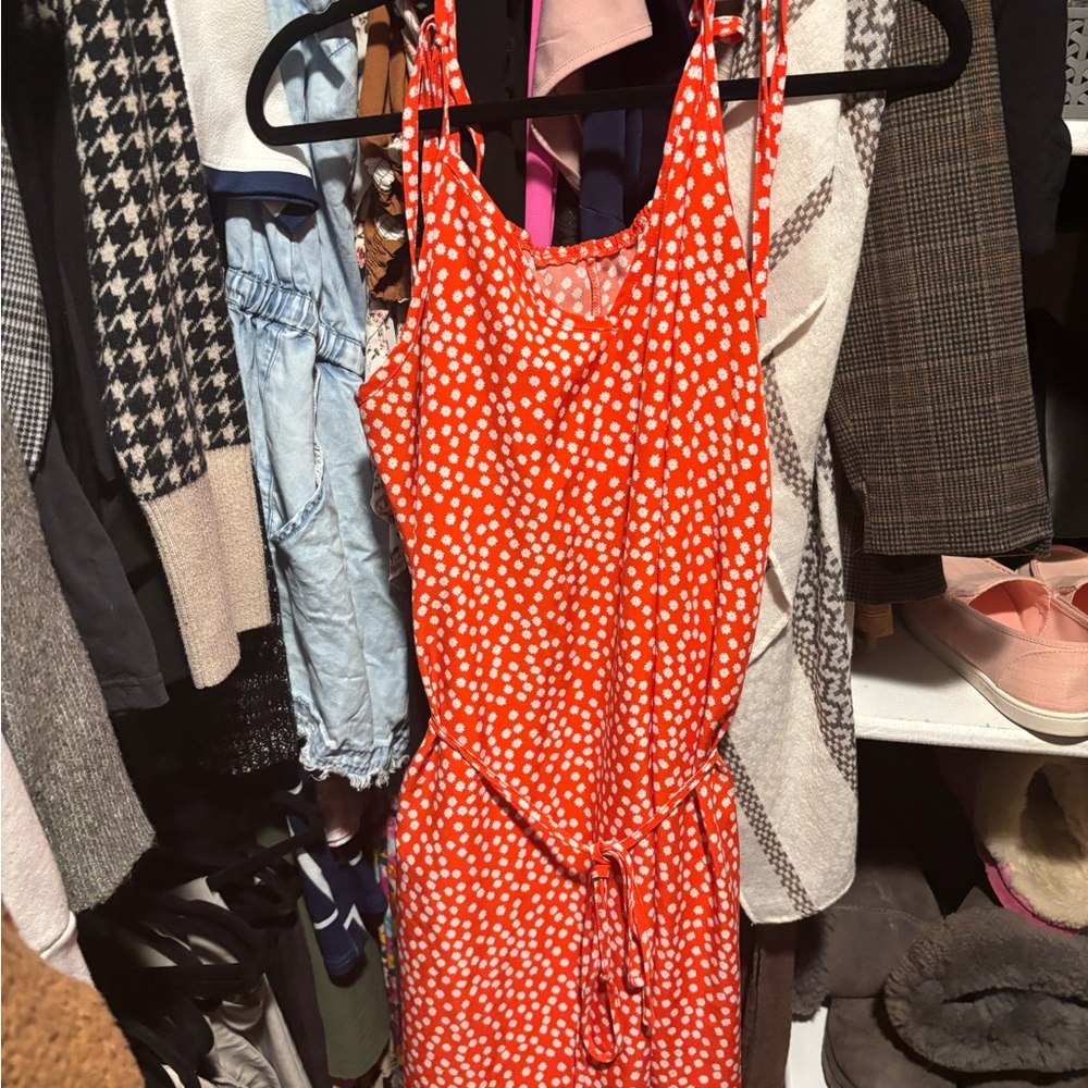 Polka Dot Sleeveless Dress - Red-Orange